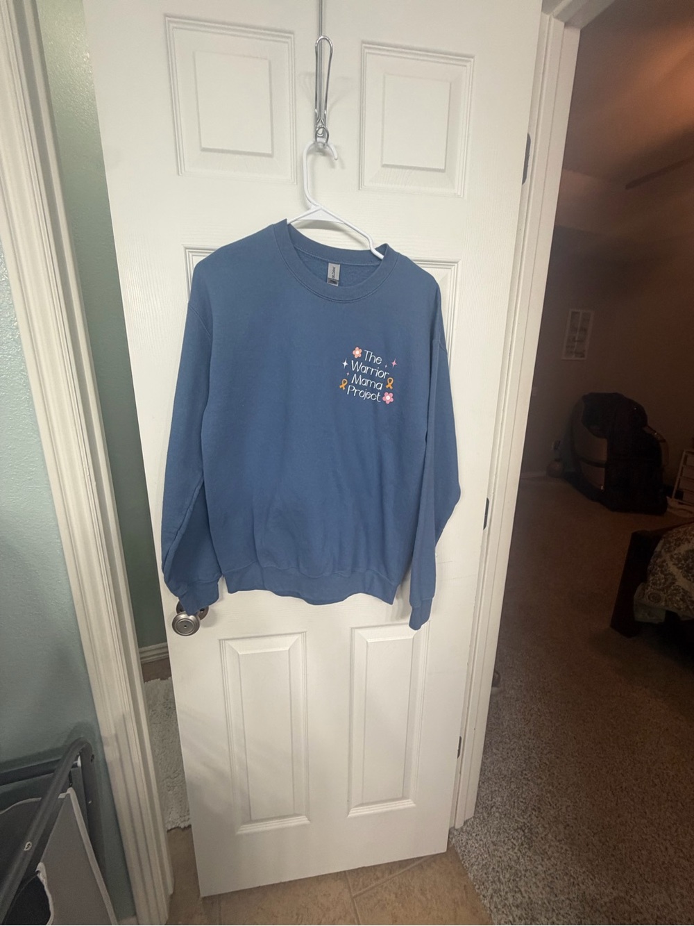 Gildan Slate Blue Crewneck Sweatshirt. Childhood cancer awareness.